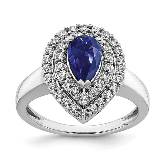 1.46 Ct Pear Blue Created Sapphire & Lab Diamond Prong 14K White Gold Double Halo Filigree Ring