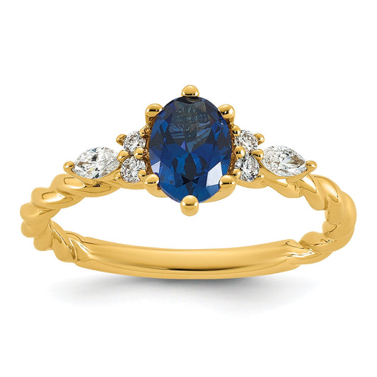 1.12 Ct Oval Blue Created Sapphire & Lab Diamond 6 Prong 14K Gold Twisted Cluster Ring