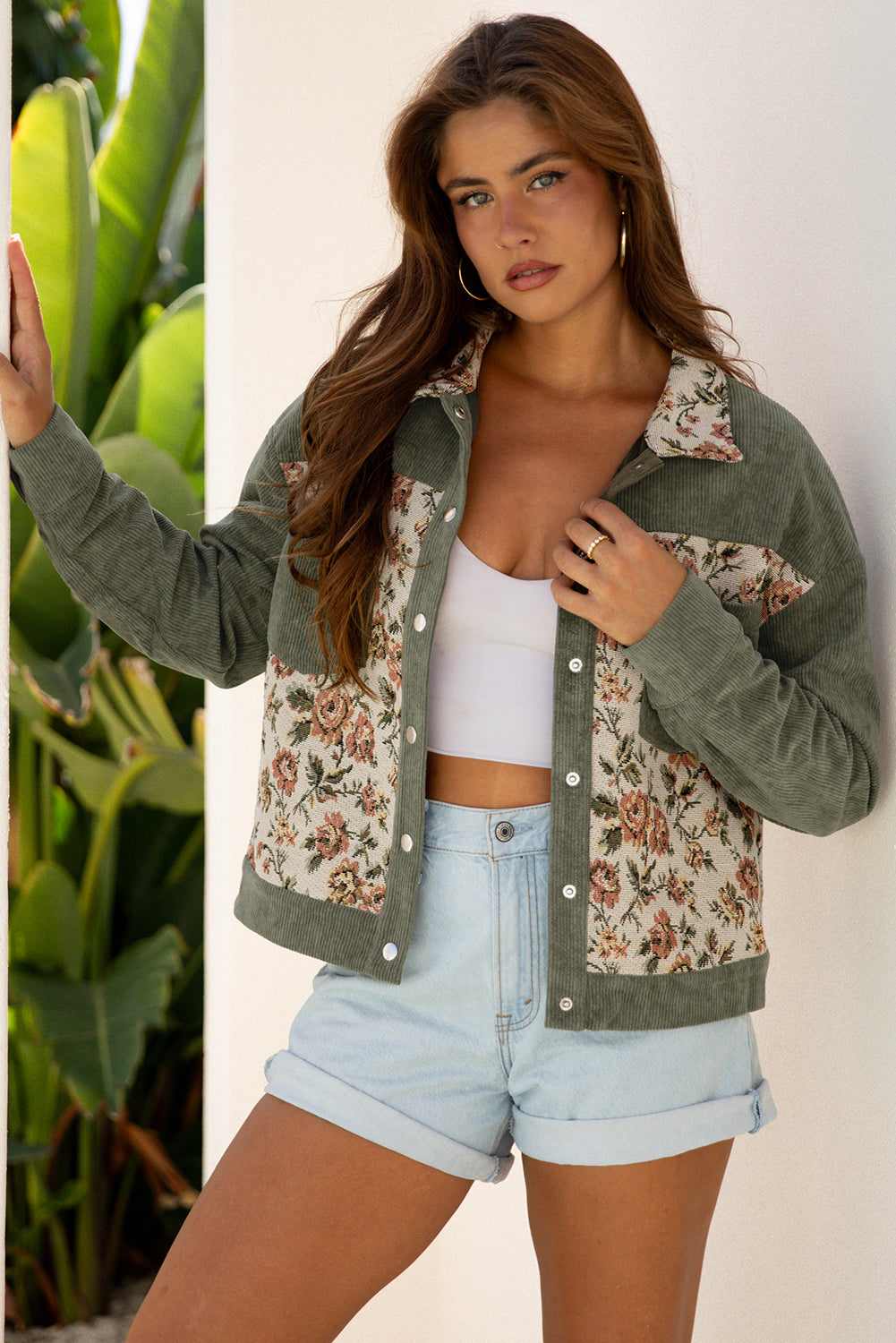 Evelyn Retro Floral Patchwork Shirt - Sage Green / M - 8/10