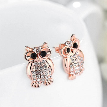 Cubic Zirconia & Rose Goldtone Owl Stud Earrings