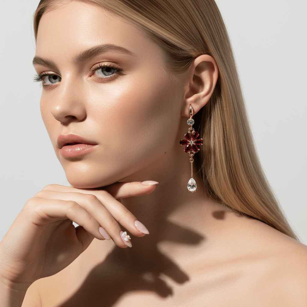 Red Crystal & Cubic Zirconia Goldtone Flower Drop Hook Earrings