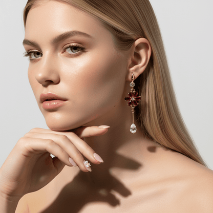 Red Crystal & Cubic Zirconia Goldtone Flower Drop Hook Earrings