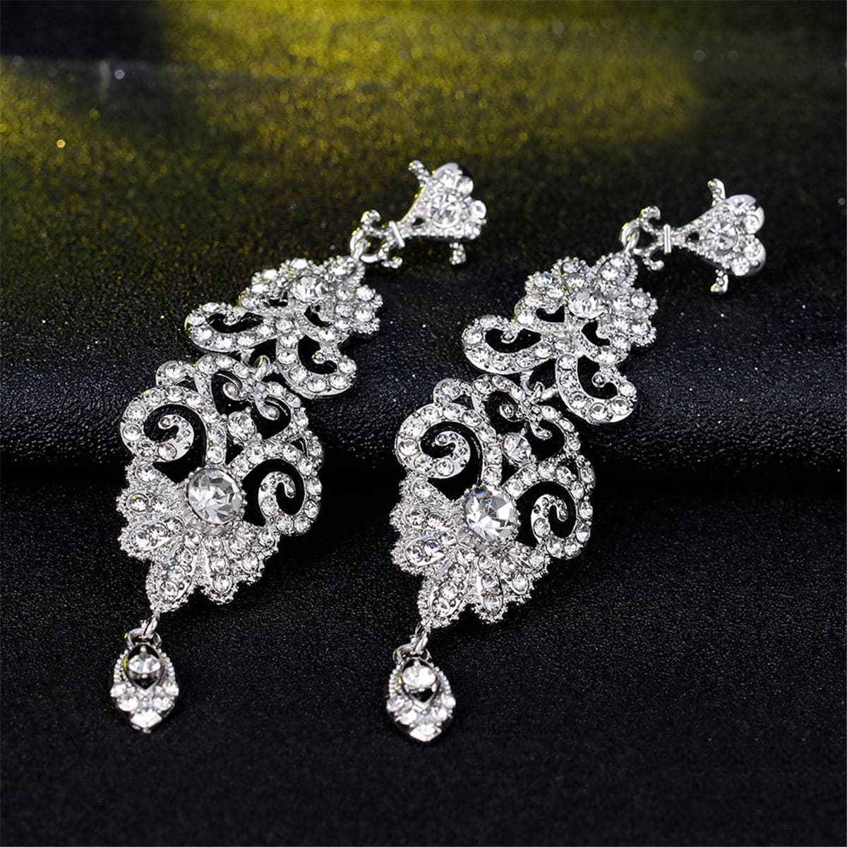 Cubic Zirconia & Silvertone Ornate Openwork Botany Drop Earrings