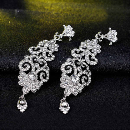 Cubic Zirconia & Silvertone Ornate Openwork Botany Drop Earrings