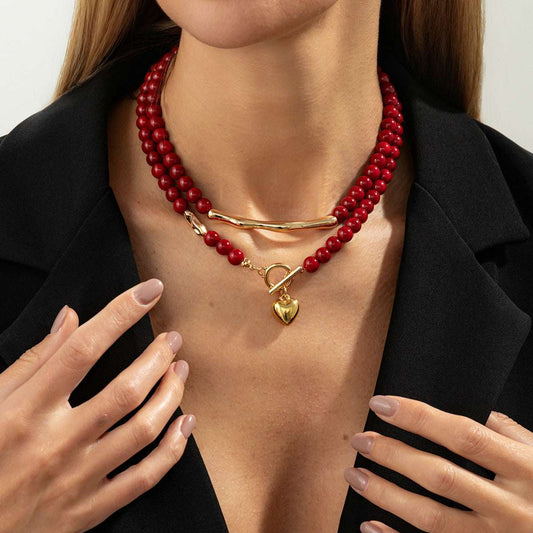 Red Resin & Goldtone Beads Chain Bar Heart Pendant Necklace Set