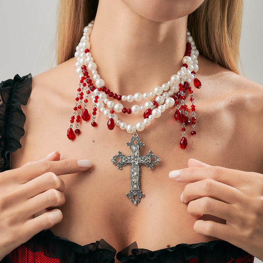 Red Acrylic & Pearl Silvertone Drop Cross Pendant Layered Necklace