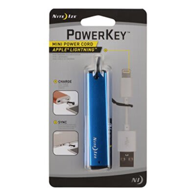 Nite Ize Powerkey Mini Power Cord - 3" Portable Apple Lightning Cord with Protective Key Chain Case - Blue