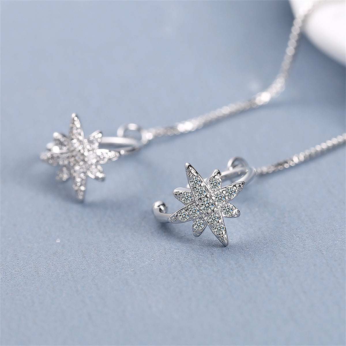 Cubic Zirconia & Silvertone Star Ear Cuff & Threader
