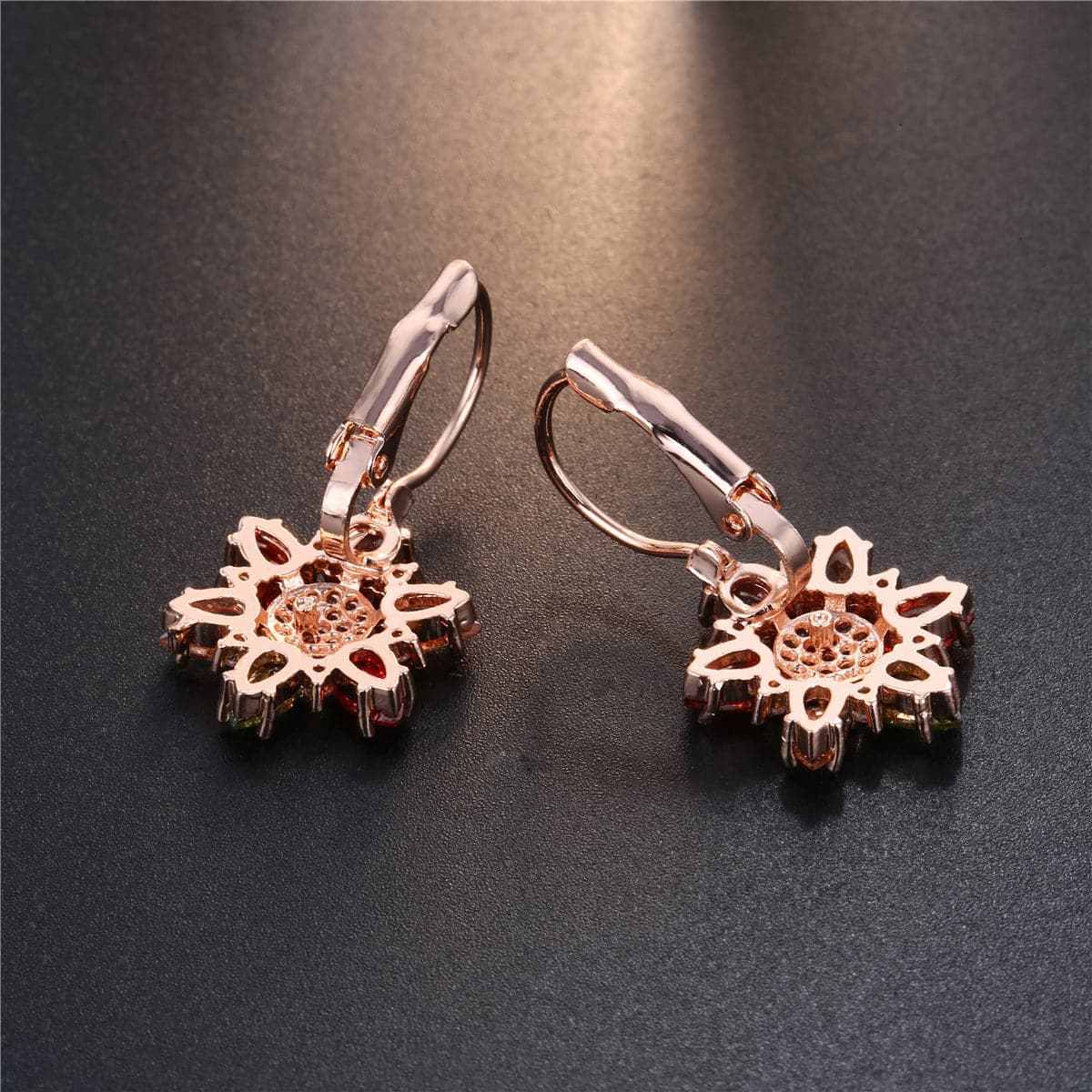 Red Cubic Zirconia & Rose Goldtone Flower Huggie Earrings