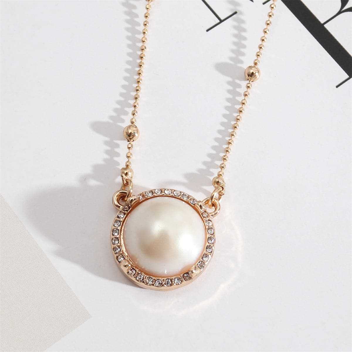 Pearl & Cubic Zirconia Goldtone Bead Chain Round Pendant Necklace