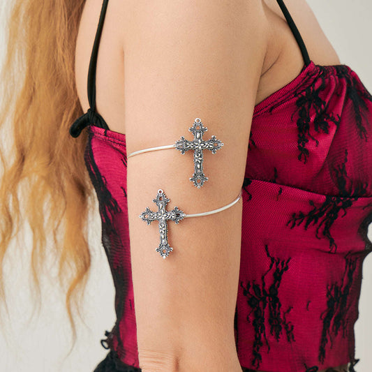 Silvertone Dual-Floral-Cross Bypass Arm Cuff