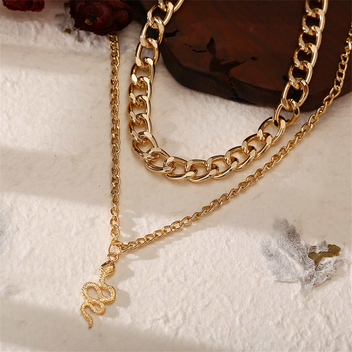 Goldtone Figaro Chain Snake Layered Pendant Necklace