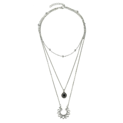 Black Resin & Silvertone Sunflower Layered Pendant Necklace