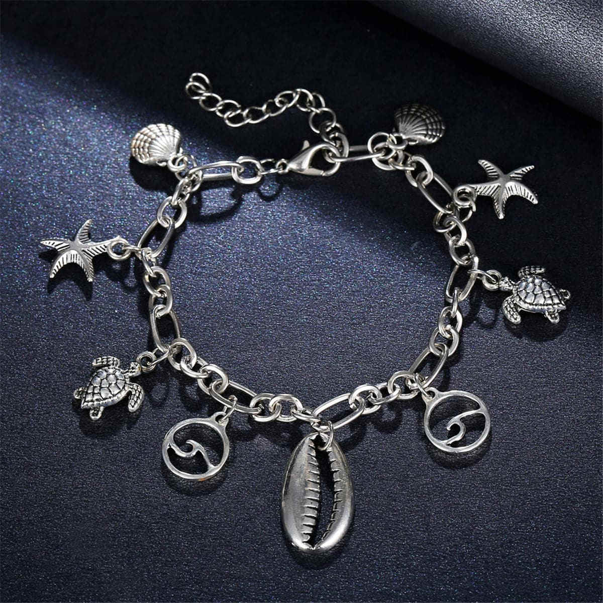 Silvertone Seashell & Starfish Station Anklet