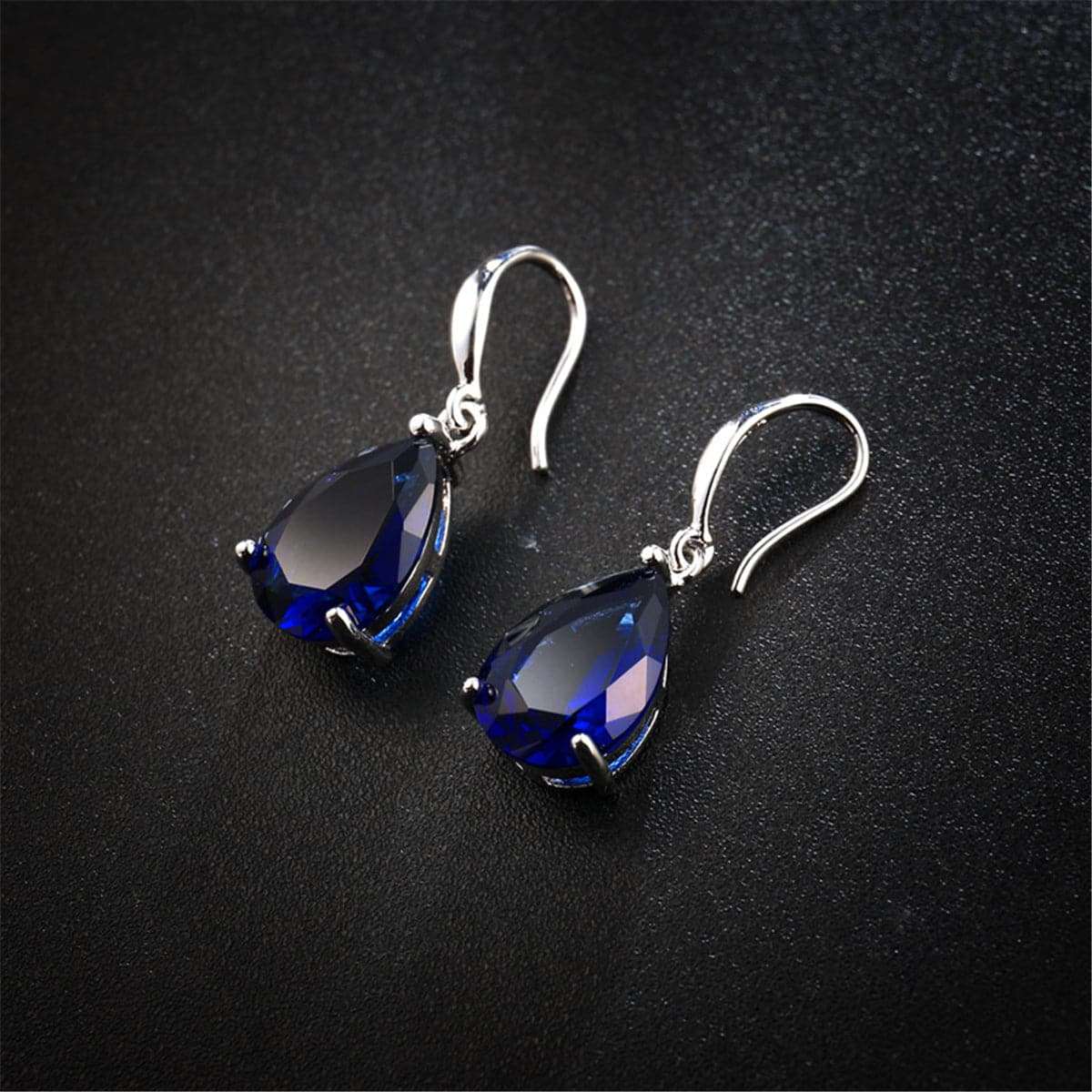 Navy Crystal & Silvertone Teardrop Earrings