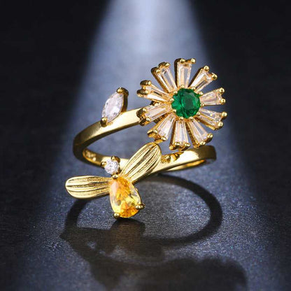 Crystal & Cubic Zirconia Goldtone Bee & Flower Adjustable Ring