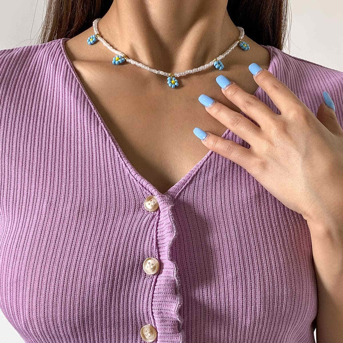 Blue Howlite & Goldtone Mum Beaded Station Collar Necklace