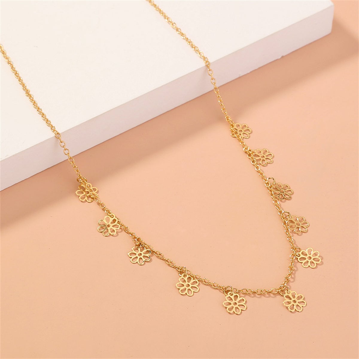 Goldtone Open Flower Station Necklace-2
