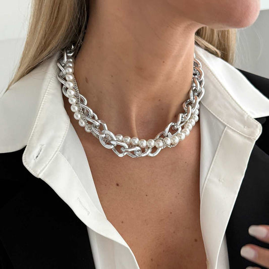 Pearl & Silvertone Curb Chain Layered Collar Necklace