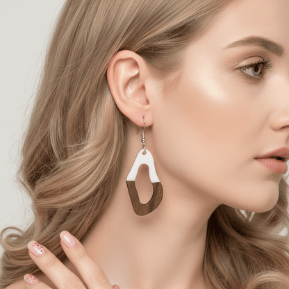 White Resin & Wood Silvertone Irregular Teardrop Hook Earrings