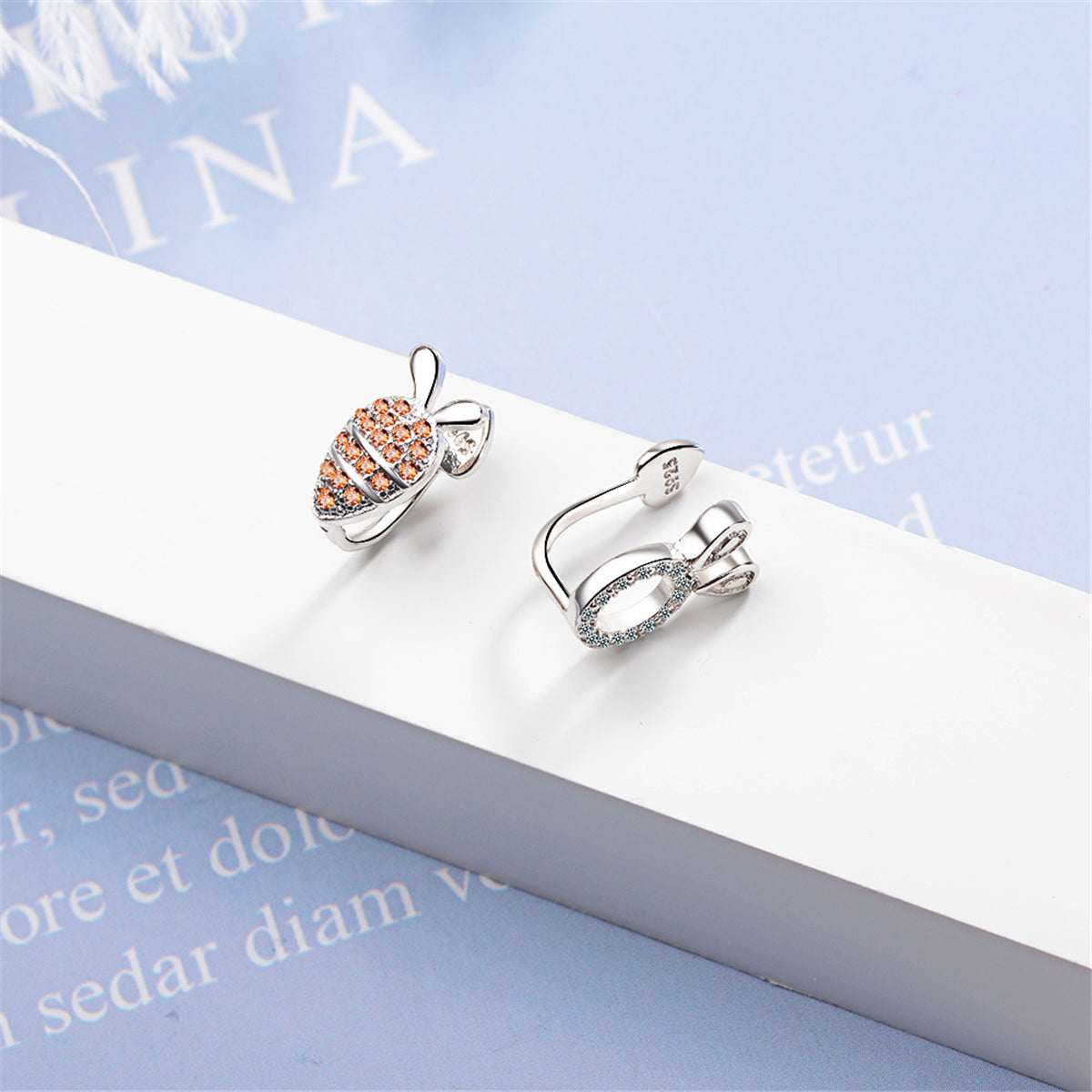 Orange Cubic Zirconia & Silvertone Radish Rabbit Asymmetrical Stud Earrings
