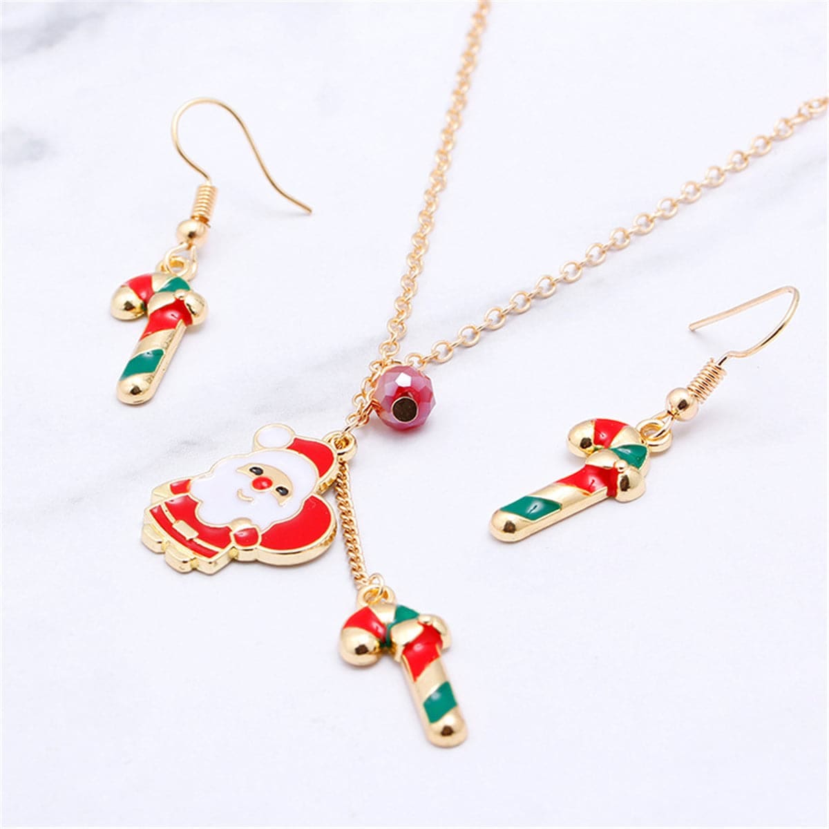 Red & Goldtone Candy Cane & Santa Claus Drop Earrings & Pendant Necklace Set