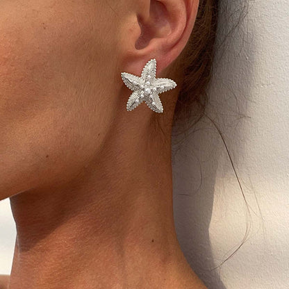 Pearl & Silvertone Textured Starfish Stud Earrings