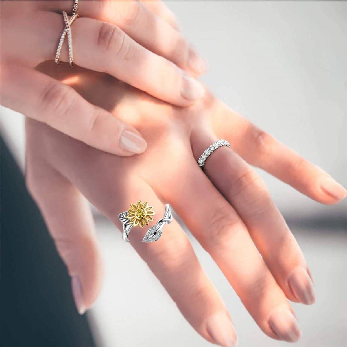 Cubic Zirconia & Crystal Two Tone Sunflower Adjustable Ring
