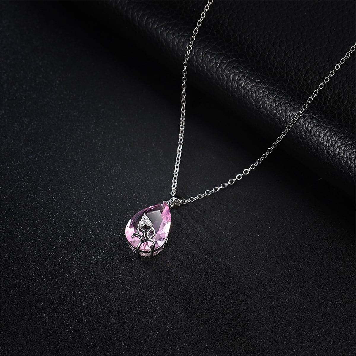 Pink Crystal & Silvertone Teardrop Pendant Necklace