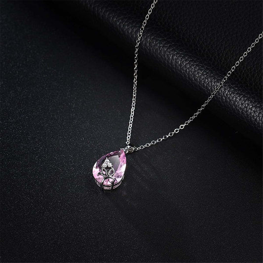 Pink Crystal & Silvertone Teardrop Pendant Necklace