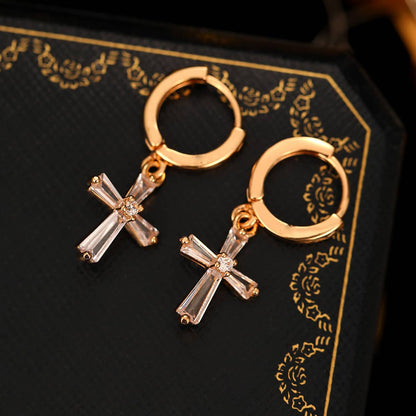 Cubic Zirconia & Goldtone Cross Huggie Earrings
