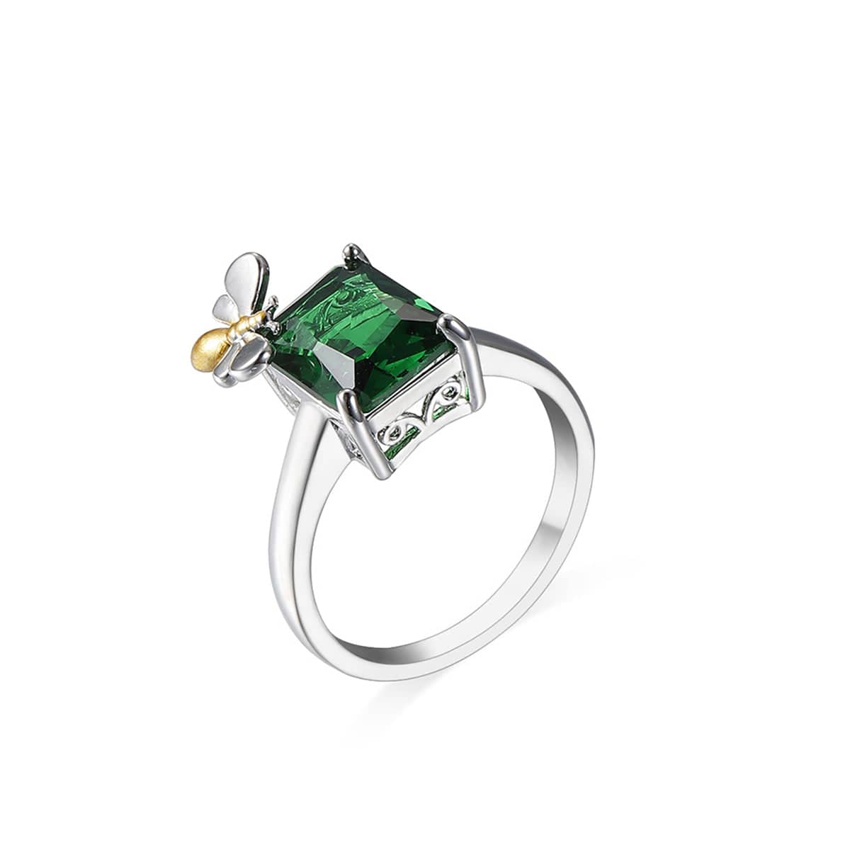 Green Crystal & Two-Tone Bee Emerald-Cut Ring-1