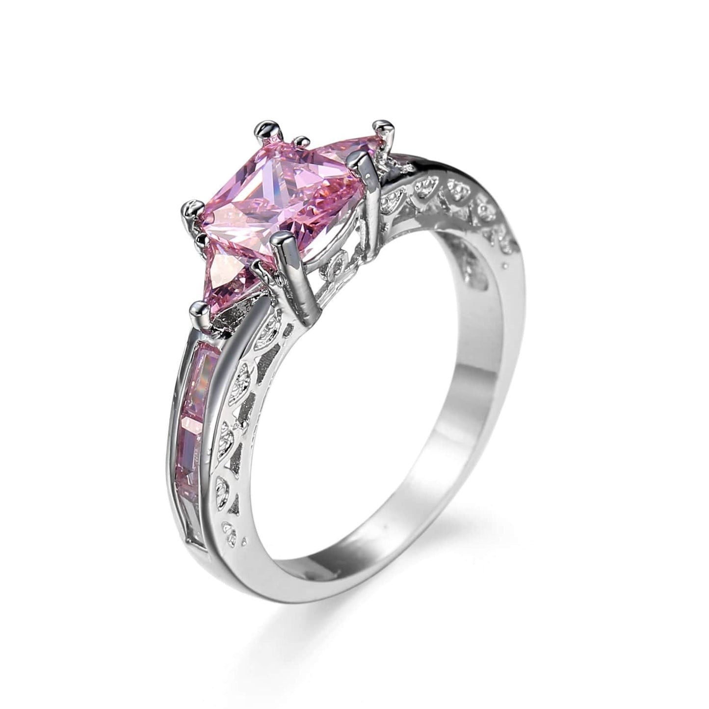 Pink Crystal & Silvertone Prong Illusion Ring-8