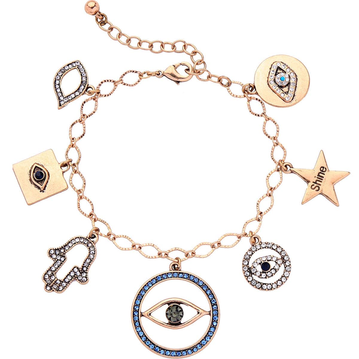 Cubic Zirconia & Goldtone Evil Eyes & Lips Charm Bracelet