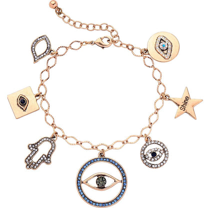 Cubic Zirconia & Goldtone Evil Eyes & Lips Charm Bracelet