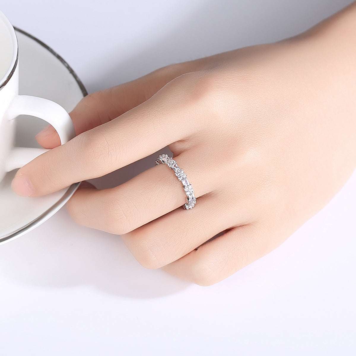 Crystal & Cubic Zirconia Silvertone Thin Band Ring-6