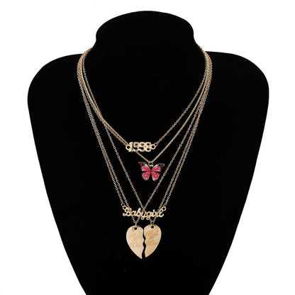 Pink Enamel & Goldtone Butterfly & Heart Pendant Necklace Set