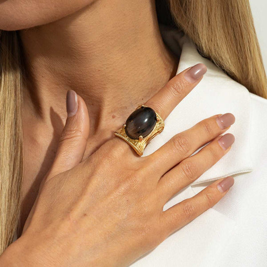 Gray Resin & Goldtone Prong-Set Oval Open Ring