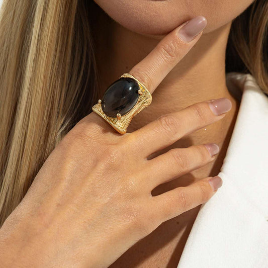 Black Resin & Goldtone Prong-Set Oval Open Ring