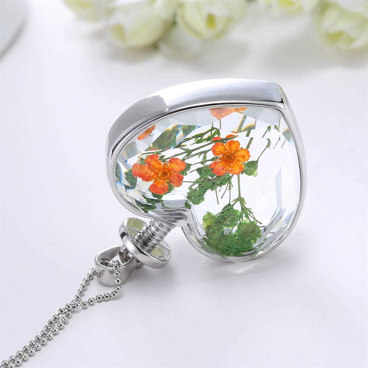 Pressed Peach Blossom & Silvertone Heart Pendant Necklace