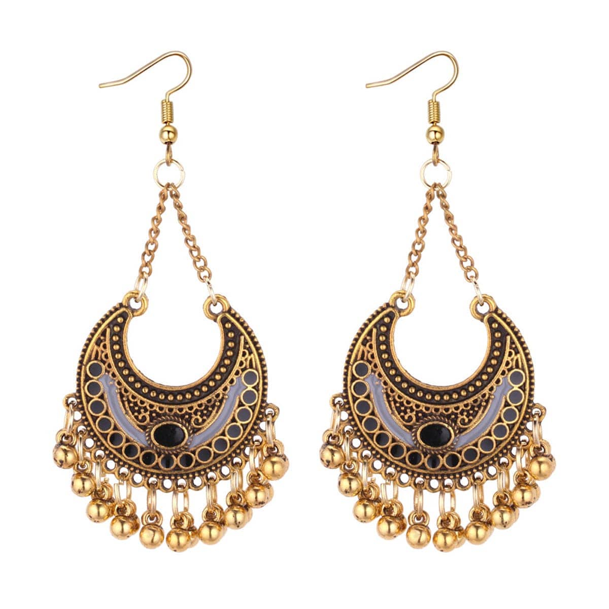 Black Enamel & Goldtone Ball-Detail Crescent Moon Drop Earrings