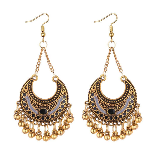 Black Enamel & Goldtone Ball-Detail Crescent Moon Drop Earrings