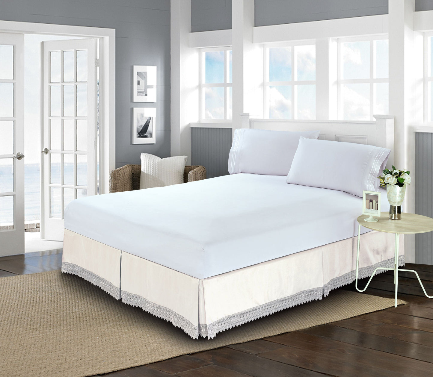 Mocassi Luxury Microfiber 1-Piece Lace Fringe Dust Ruffle/Bed Skirt  with 15inch Drop.