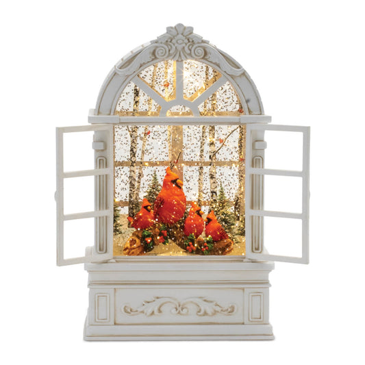 Melrose International LED Snow Globe Window with Cardinal Family 9"H