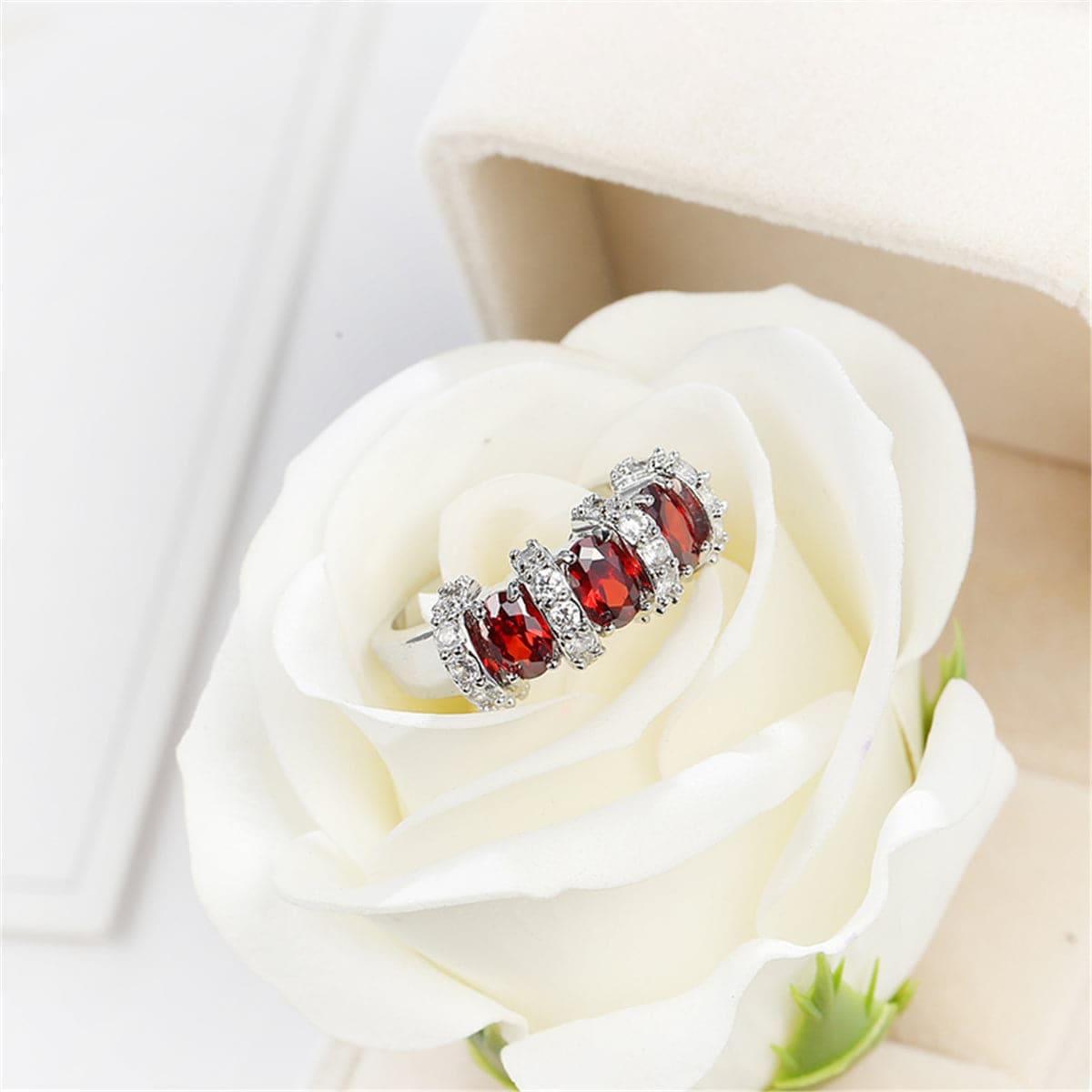Red Crystal & Silvertone Ring