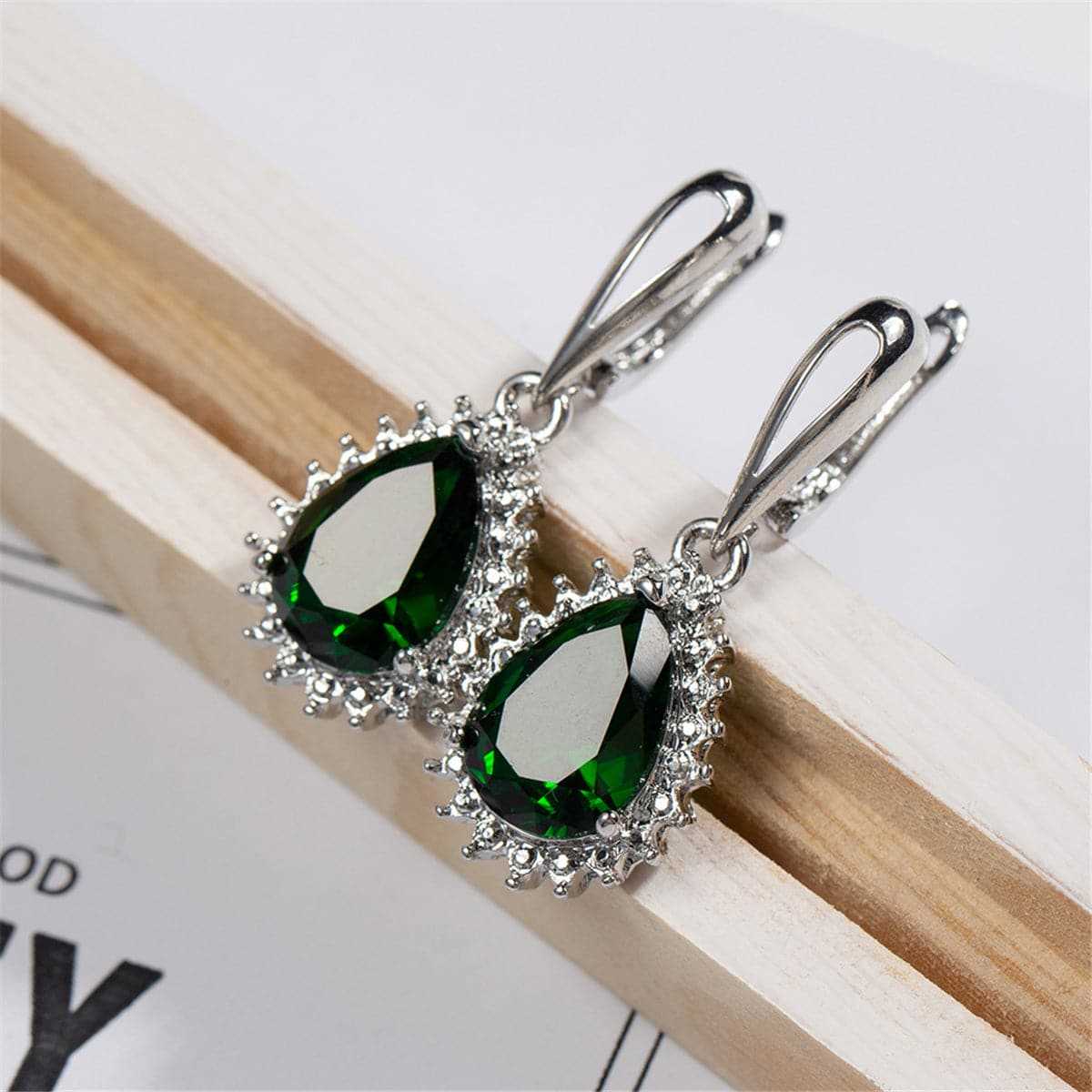Green Crystal & Silvertone Pear-Cut Drop Earrings
