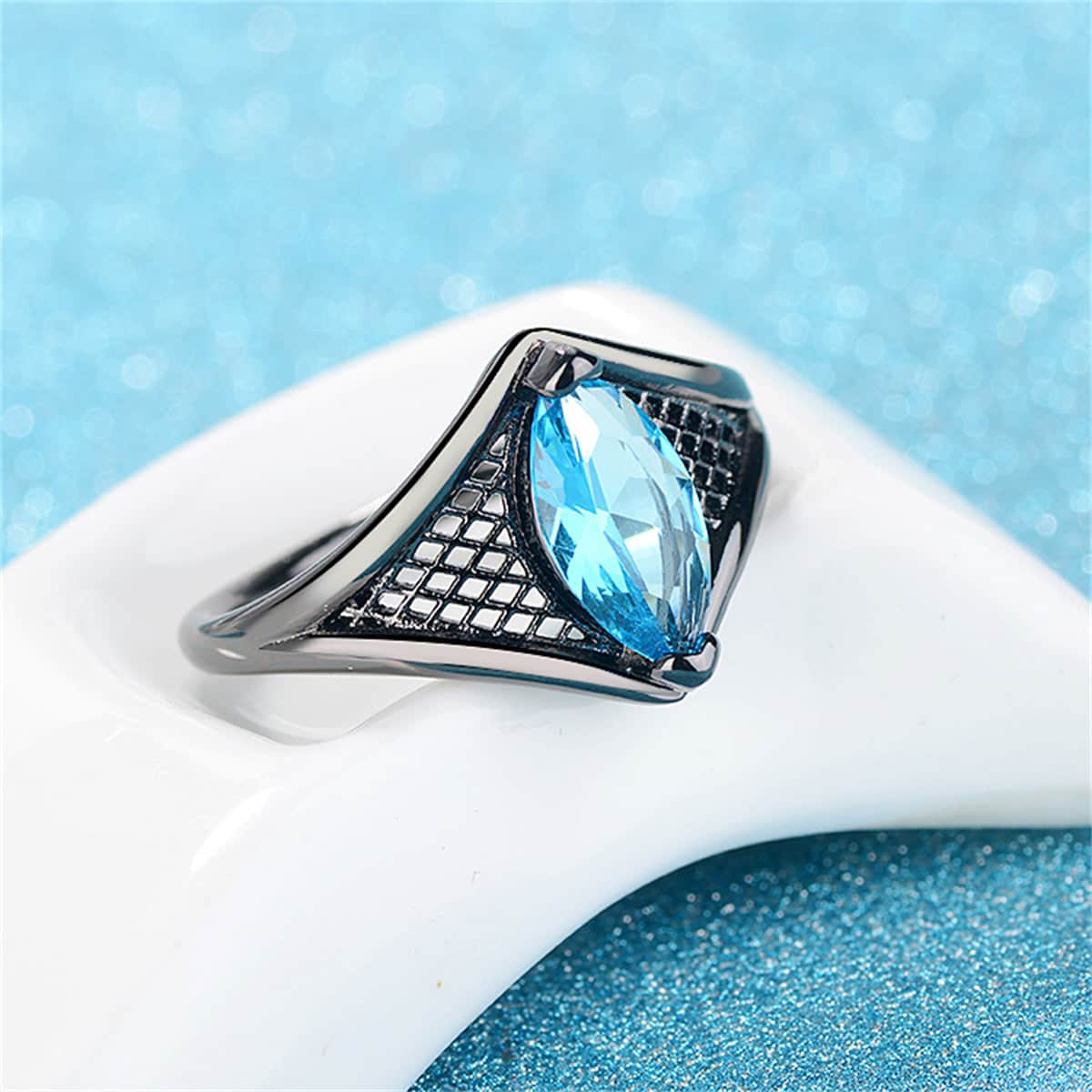 Sea Blue Crystal Black-Tone Marquise Web Ring-3