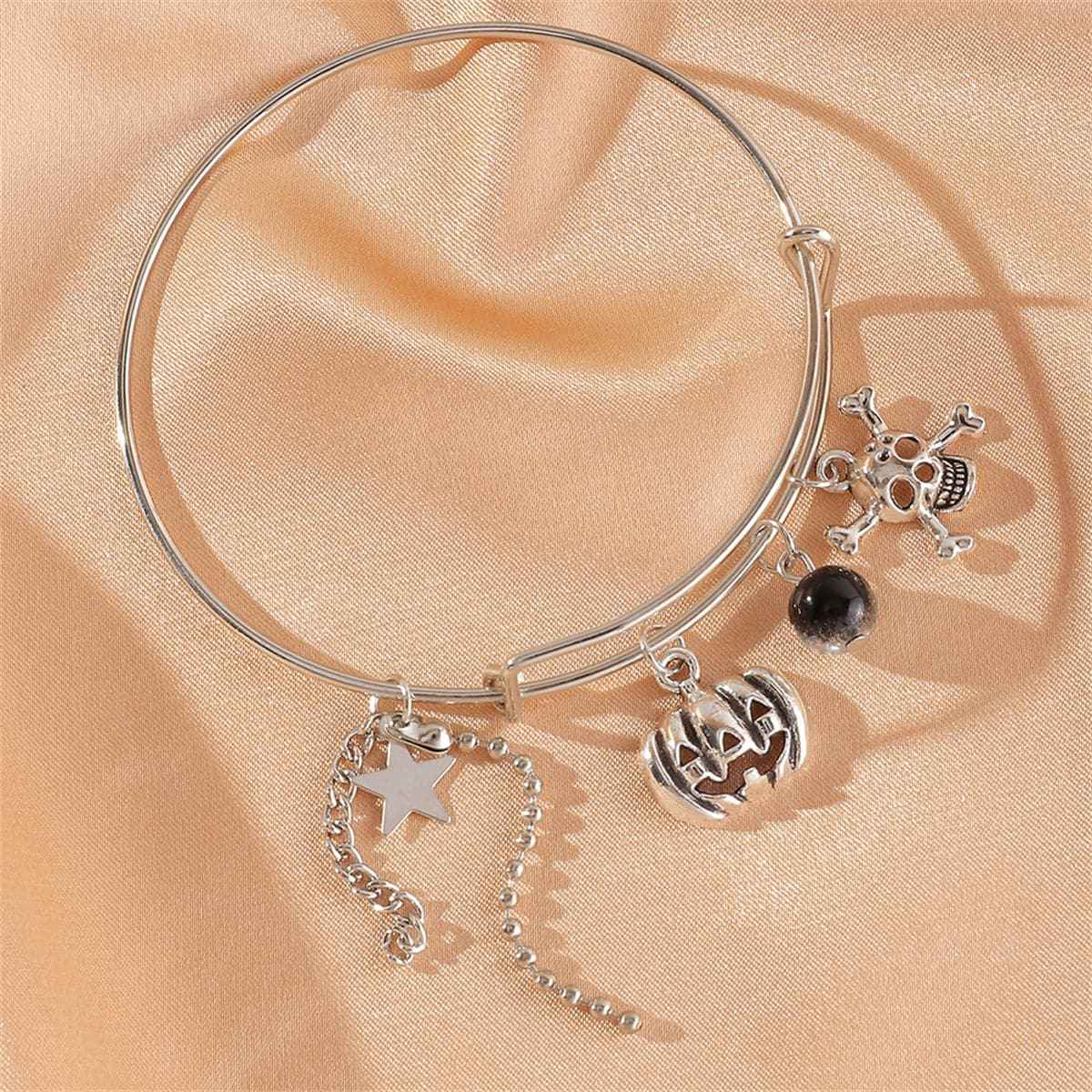 Black Glass & Silvertone Pumpkin Skull Charm Adjustable Bangle