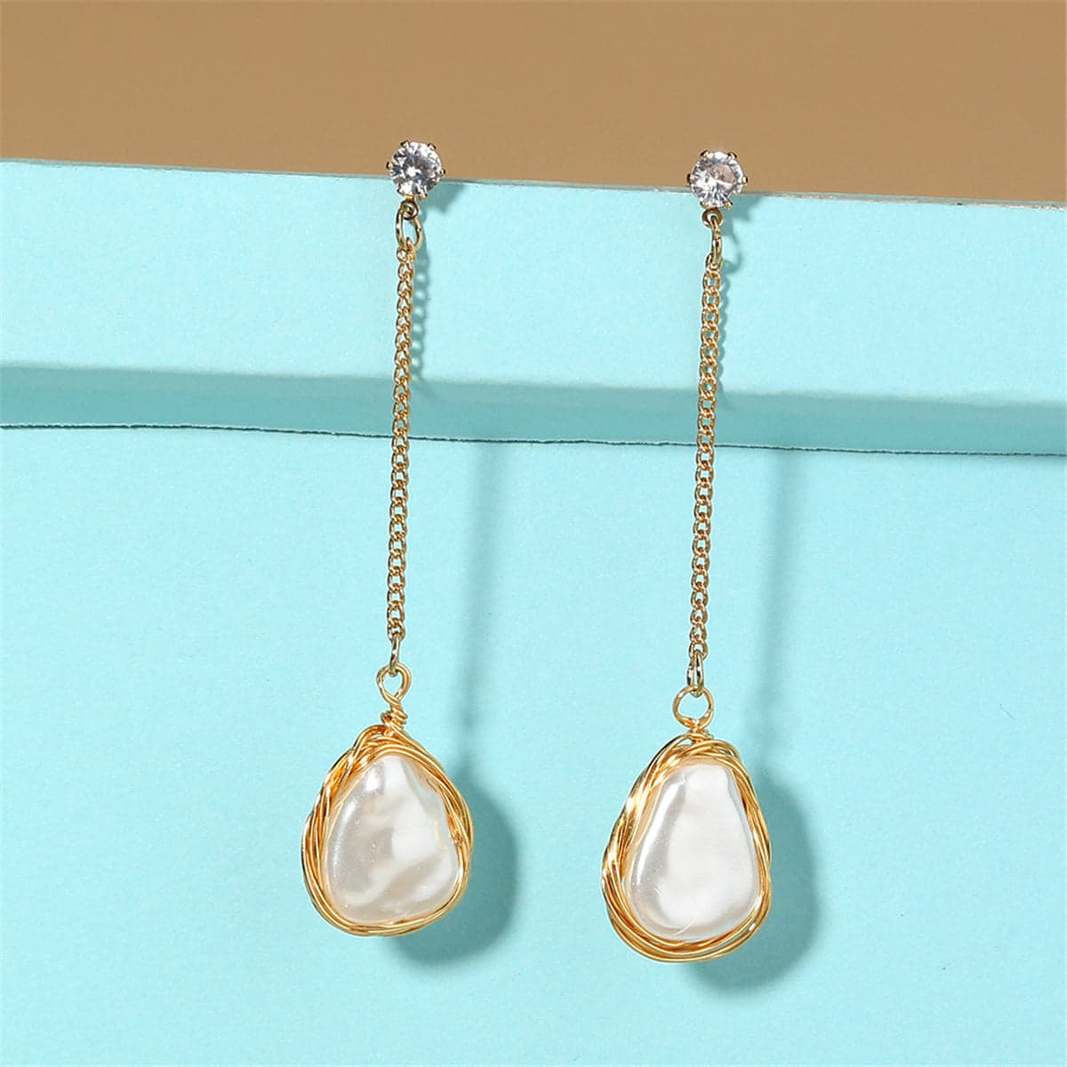 Cubic Zirconia & Pearl Goldtone Chain Drop Earrings