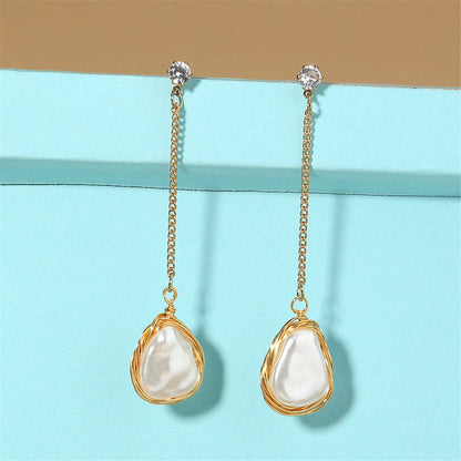 Cubic Zirconia & Pearl Goldtone Chain Drop Earrings
